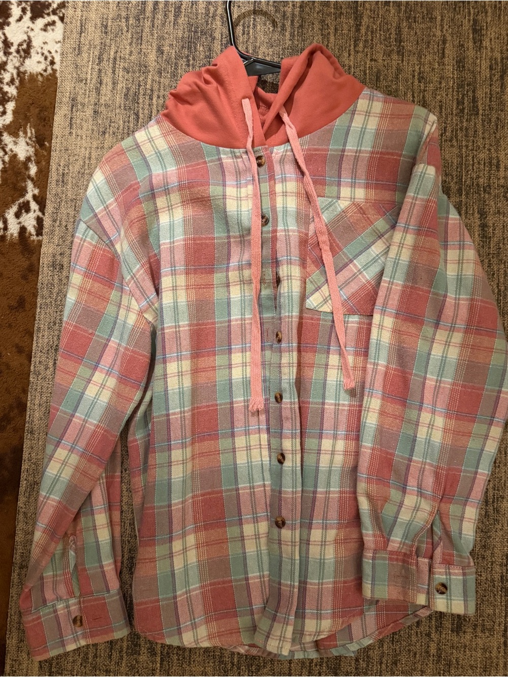 Women’s Plaid Hooded oversized Button-Up Shirt Jacket - Pink Mix